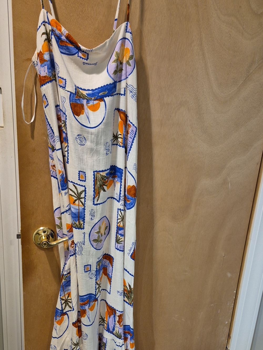 Women's Cream Sundress with Blue and Orange Print Label Of Love Linen Blend Ador